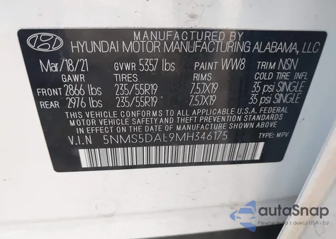 2021 Hyundai Santa Fe Calligraphy from USA, damaged, VIN 5NMS5DAL9MH346175